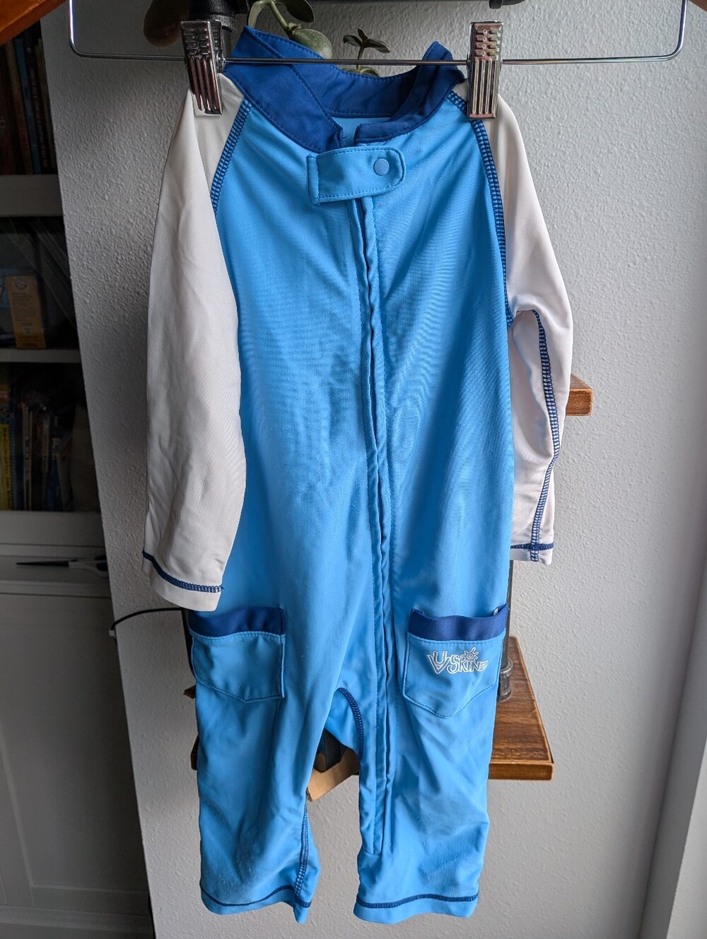 UV Skinz Hooded Swim Romper Sun Suit Blue 2T UPF 50+ Long Sleeve Full Zip